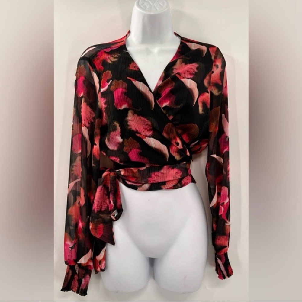 Bar III Black and Pink Floral Wrap Blouse